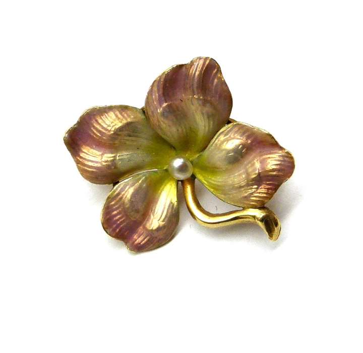Antique pearl and opalescent enamel flower brooch